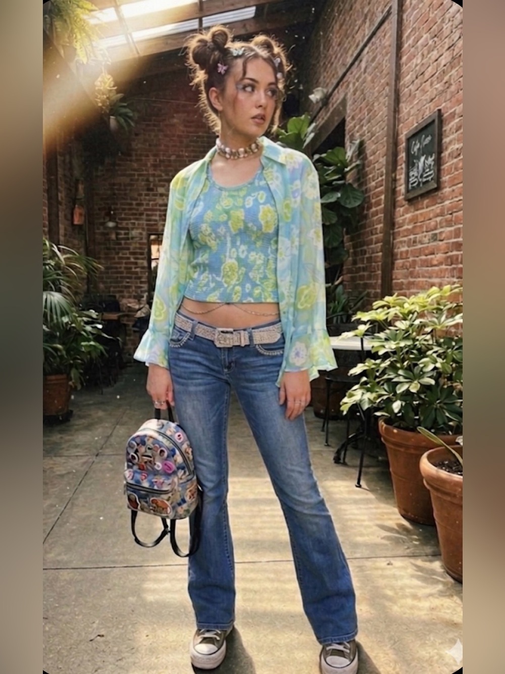 Y2K Nicola Sheer Floral Button-Up Blouse in Aqua and Lime